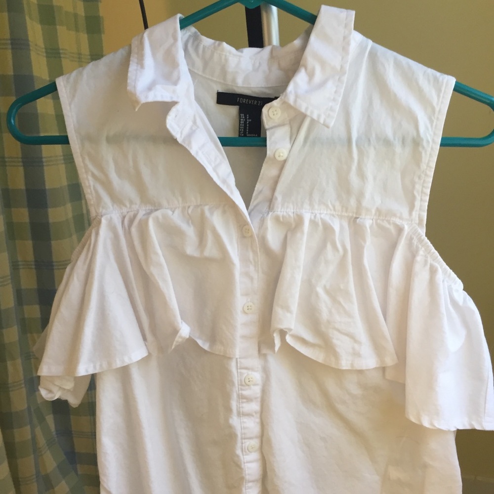 White Ruffle Cold Shoulder Top - Picture 2 of 5